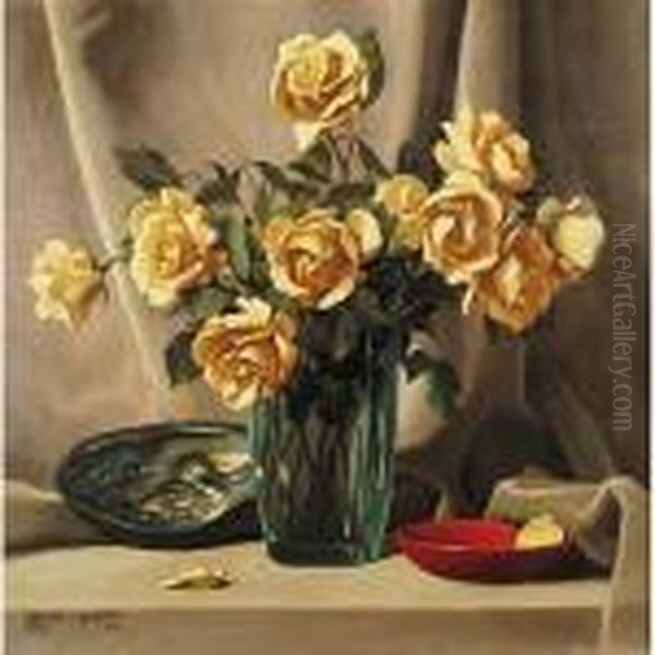 Rose Gialle E Vetri Di Murano Oil Painting by Bruno Croatto