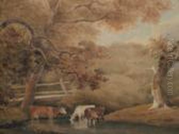 Cattle Watering In A Stream; 
Watercolour, Bearslabel For Thomas Agnew & Sons, London, Verso, 
37x56cm Oil Painting by John Crome