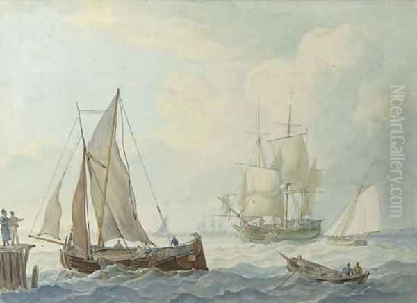 Threemasters and other sailing vessels in a light breeze, a landing stage in the foreground, a village beyond Oil Painting by Johannes Hermanus Koekkoek Snr