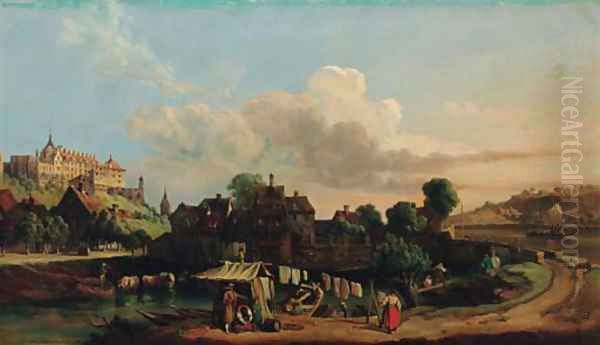 A town in a river valley Oil Painting by Carl Joseph Kuwasseg