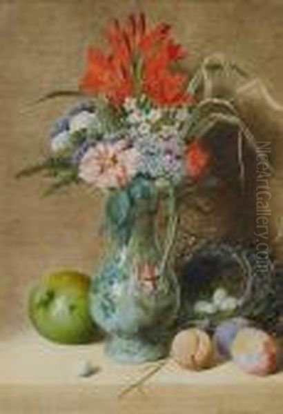 A Still Life Of Flowers, Grapes 
And A Pear; A Still Life Of Flowers Plums And An Apple, A Pair Oil Painting by William Cruickshank