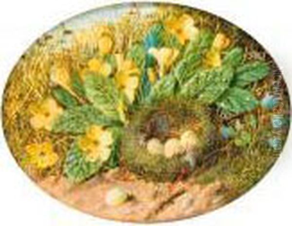 Primroses, Hairbells And A 
Bird's Nest On A Mossy Bank; And Abird's Nest, Apple Blossom And A 
Chaffinch On A Mossy Bank Oil Painting by William Cruickshank