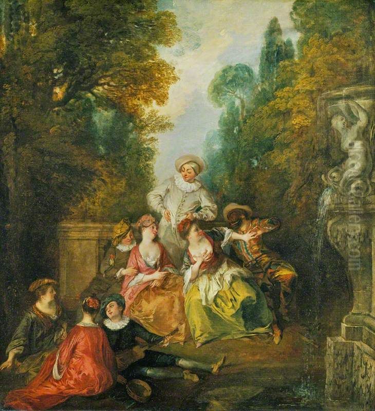 Italian Comedians by a Fountain Oil Painting by Nicolas Lancret