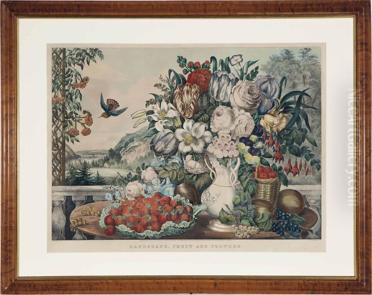 Landscape, Fruit And Flowers Oil Painting by Currier & Ives Publishers