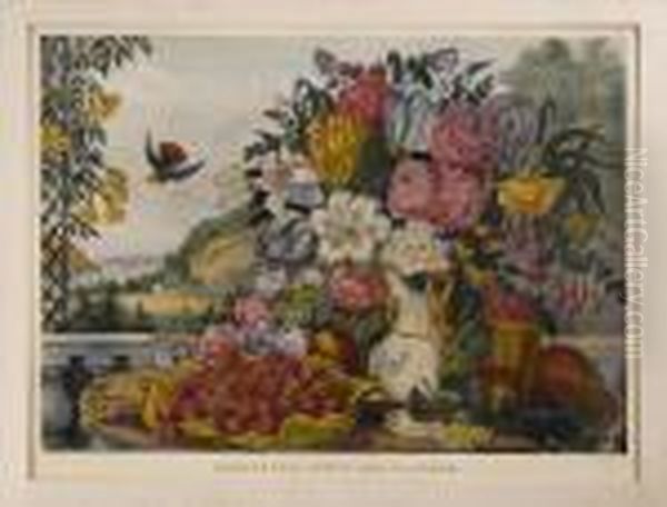 Landscape, Fruit, And Flowers
 , Ny Oil Painting by Currier & Ives Publishers
