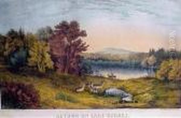 Hand-colored Lithograph, 
Lightstain, Matstain, Some Waterstaining,other Lesser Defects, With 
Margins, Framed Oil Painting by Currier & Ives Publishers