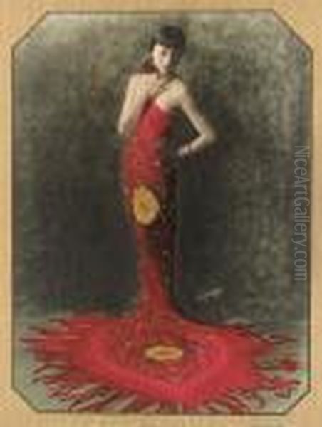 Woman In Red, Possibly Anna May Wong Oil Painting by Edward Sherrif Curtis