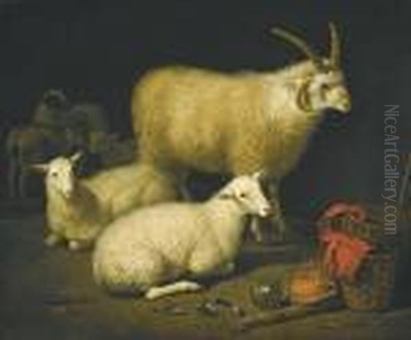 A Barn Interior With A 
Four-horned Ram And Four Ewes, Anda Goat, With A Still Life Of A Basket 
And Upturned Pots To Theright Oil Painting by Aelbert Cuyp