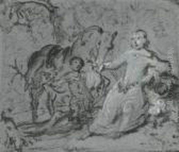 Seated Woman With A Horse, 
Lead By Aboy. Oil Painting by Aelbert Cuyp