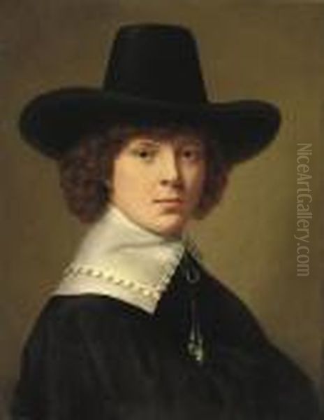 Portrait Of A Young Man, 
Bust-length, In A Black Costume With Awhite Collar And A Black Hat Oil Painting by Aelbert Cuyp