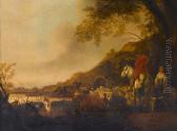 A River Landscape With A 
Horseman And Peasant Woman On A Country Path, Cattle, Sheep And Dogs 
Resting Nearby Oil Painting by Aelbert Cuyp
