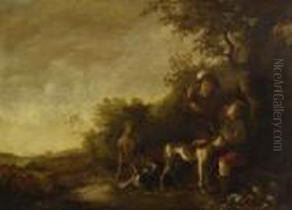 Rastende Jager Mit Ihren Hunden Am
 Waldrand. Oil Painting by Aelbert Cuyp