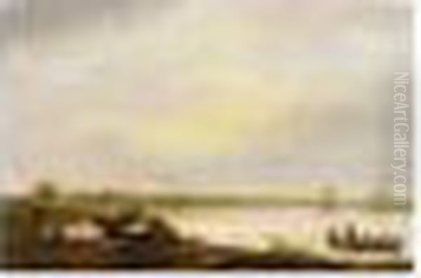 An Extensive River Landscape 
With Fishermen In A Boat, And Cows And Three Boys Standing On The Land Oil Painting by Aelbert Cuyp