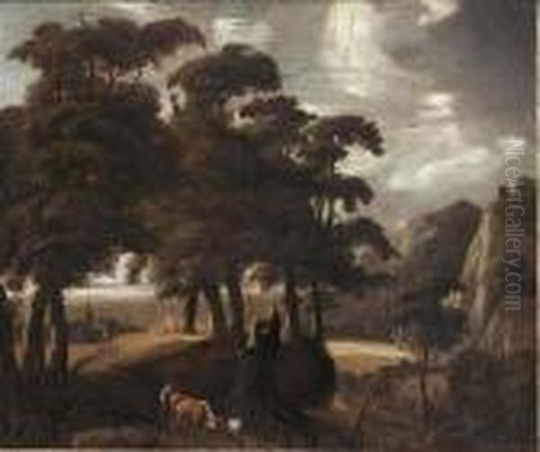 Wooded Landscape With A Peasant 
And His Herd Together With Other Travellers On A
 Path A Village In The Background Oil Painting by Jaques D'Arthois