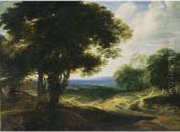 An Extensive Wooded Landscape 
With Travellers Resting On A Path And A Horse- Drawn Cart On The Left Oil Painting by Jaques D'Arthois