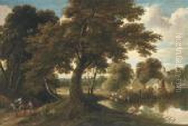 A Wooded Village Landscape With A
 Drover And His Cattle Crossing A Ford And Figures On A Track Oil Painting by Jaques D'Arthois