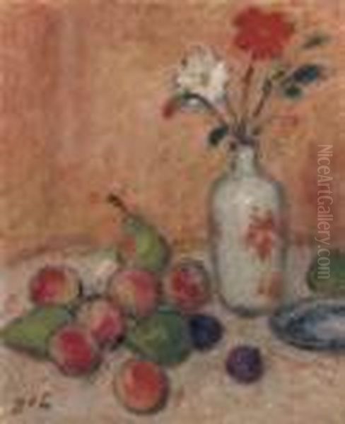 Peches, 
Poires Au Vase Fleuri Oil Painting by Georges dEspagnat