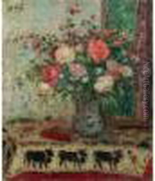 Vase De Fleurs Au Livre Rouge Sur Un Foulard Orne De Vaches Oil Painting by Georges dEspagnat