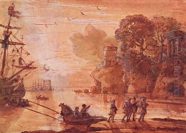 The Disembarkation of Warriors in a Port, possibly Aeneas in Latium, 1660-65 Oil Painting by Claude Lorrain (Claude Gellee)