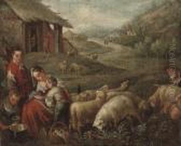 A Wooded River Landscape With A 
Shepherd Shearing Sheep With His Family In The Foreground Oil Painting by Jacopo Bassano (Jacopo da Ponte)