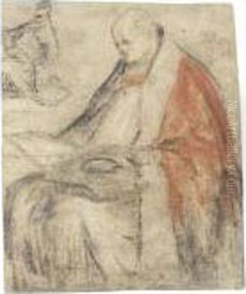 A Seated Bishop Reading From A 
Book On His Lap, And A Small Study Of The Same Figure, Wearing A Cap Oil Painting by Jacopo Bassano (Jacopo da Ponte)