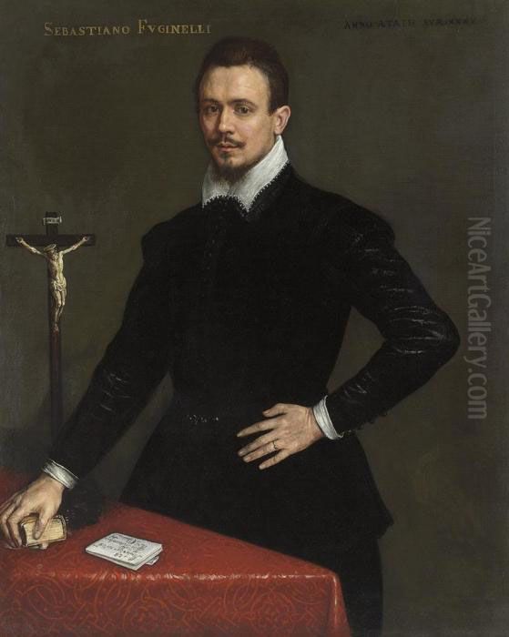Portrait Of Sebastiano 
Fuginelli, Three-quarter-length, In A Blackcoat, With A Book And A 
Crucifix On A Table Oil Painting by Leandro Bassano