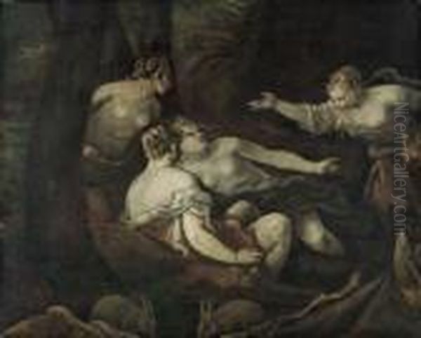 Diana And Callisto - En Grisaille Oil Painting by Leandro Bassano