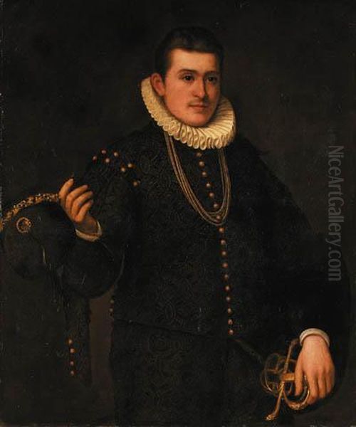 Portrait Of A Young Gentleman, 
Three-quarter-length, In Anembroidered Black Doublet With Gold Buttons, 
Doffing His Hat Insalute Oil Painting by Leandro Bassano