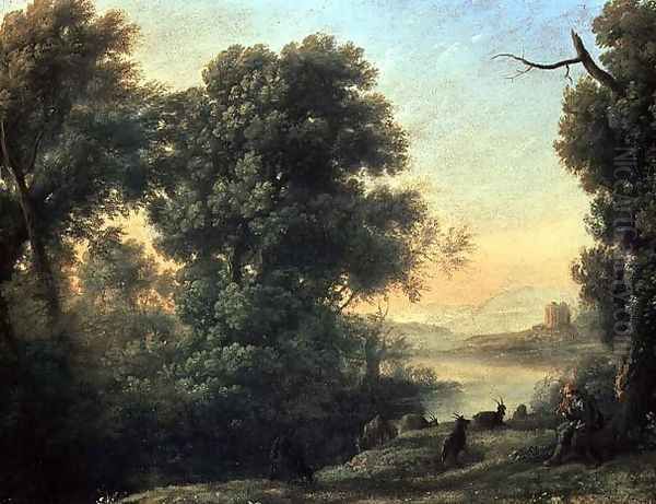 River landscape with Goatherd Piping Oil Painting by Claude Lorrain (Claude Gellee)