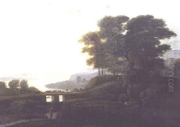 Landscape with cattle and goats crossing a bridge Oil Painting by Claude Lorrain (Claude Gellee)