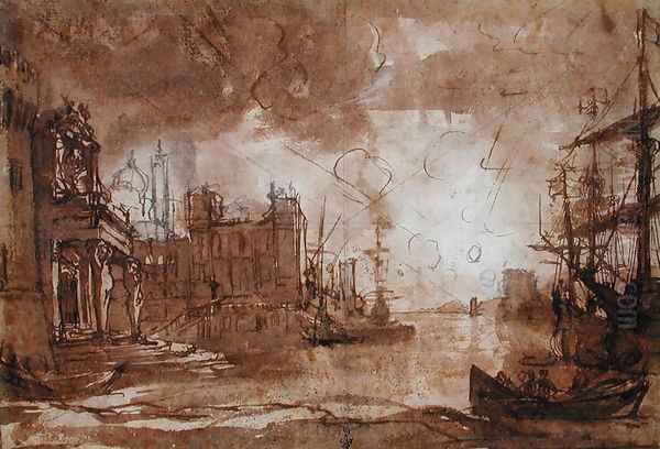 View of a Port with Setting Sun Oil Painting by Claude Lorrain (Claude Gellee)