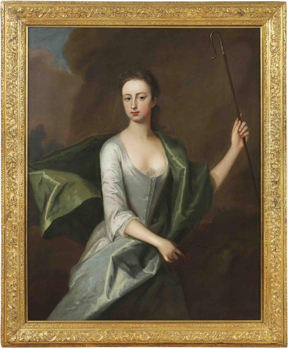 Portrait Of A Lady, 
Three-quarter-length, In A Grey Dress With A Blue Wrap, Holding A 
Shepherd's Crook Oil Painting by Michael Dahl