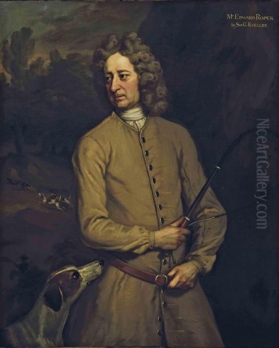 Portrait Of Edward Roper, Master
 Of The Charlton Hunt, Three-quarter-length, In A Buff Coat, Holding A 
Whip, With A Hound At His Side And Hounds Pursuing A Fox Beyond With 
Identifying Inscription 'm 
R 
. Edward Roper By Sir. G. Kneller.' Oil Painting by Michael Dahl