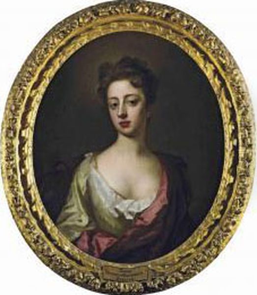 Portrait Of Sarah, Duchess Of 
Marlborough, Half-length, In A Green Dress And A Pink Mantle Oil Painting by Michael Dahl