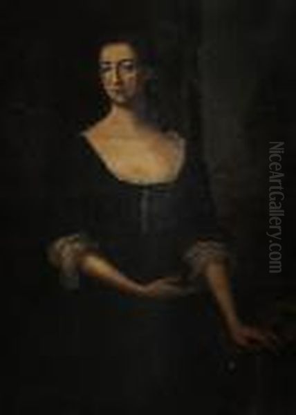 Portrait Of Anne Knoxford, 
Three-quarter-length, In A Blue Dress, Standing At A Piano, With A 
Landscape Behind Oil Painting by Michael Dahl