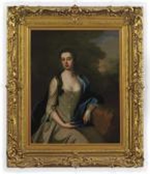 Portrait Of A Lady, 
Three-quarter-length, In A White Dress With Ablue Wrap, Seated In A 
Wooded Landscape Oil Painting by Michael Dahl