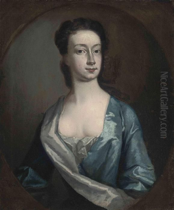 Portrait Of Mary, Daughter Of 
Hamilton Townley (b. 1673),half-length, In A Blue And White Silk Dress, 
In A Feignedoval Oil Painting by Michael Dahl