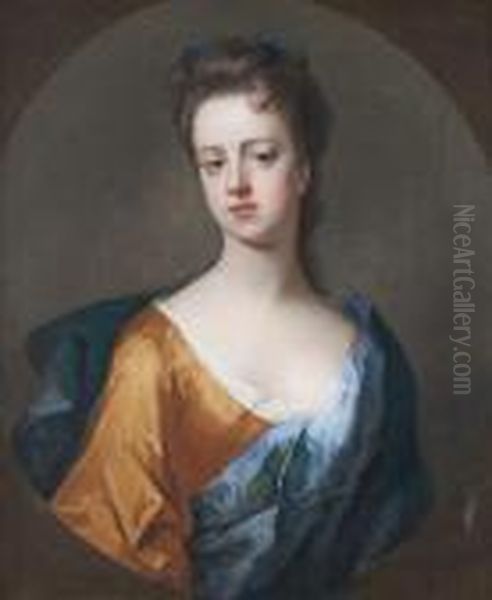 Portrait Of A Lady, Said To Be 
Lady Hunsdon, Half-length, In A Gold Dress, A White Chemise And A Blue 
Shawl, Within A Painted Oval Oil Painting by Michael Dahl