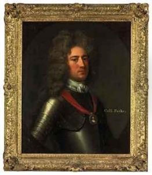 Portrait Of Colonel Daniel Parke
 (1664/5-1710), Colonial Governorand Army Officer, Bust-length, In 
Armour, With A Miniature Portraitof Queen Anne Oil Painting by Michael Dahl