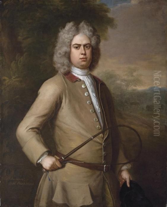Portrait Of John Sutton, 
Three-quarter-length, In A Buff Coat,holding A Riding Crop And Hat, A 
Country House Beyond Oil Painting by Michael Dahl