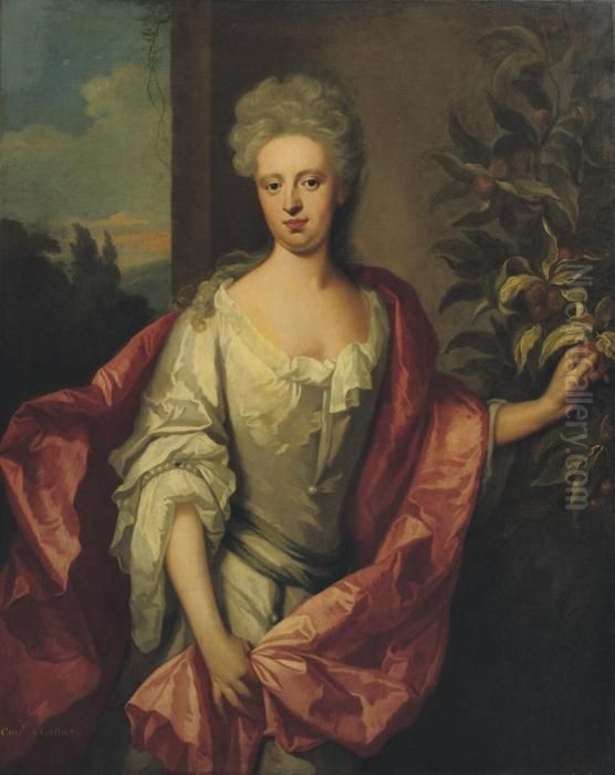Portrait Of A Lady, Said To Be 
The Countess Of Gallway,three-quarter-length, In A White Dress And Red 
Wrap, Standing Infront Of A Wall Picking Fruit, A Landscape Beyond Oil Painting by Michael Dahl