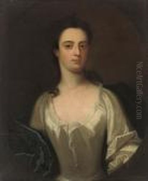 Portrait Of A Lady, Half-length,
 In An Oyster Satin Dress With Ablue Wrap, In A Feigned Oval Oil Painting by Michael Dahl