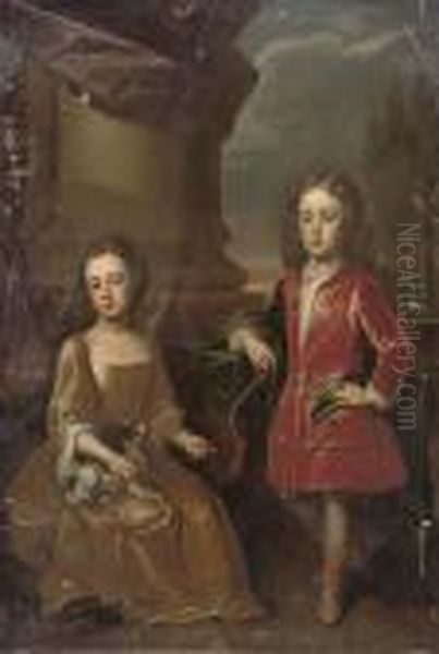 Double Portrait Of Dudley North,
 With His Sister Anne, Full-length, The Former In A Red Velvet Coat And 
Blue Wrap, The Latter Seated In A Yellow Dress With A Spaniel, A 
Landscape Beyond Oil Painting by Michael Dahl