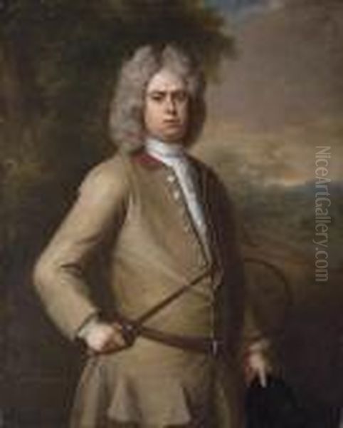 Portrait Of John Sutton, 
Three-quarter-length, In A Landscape, Wearing A Buff Coat And Holding A 
Riding Crop And Hat, A Country House Beyond Oil Painting by Michael Dahl