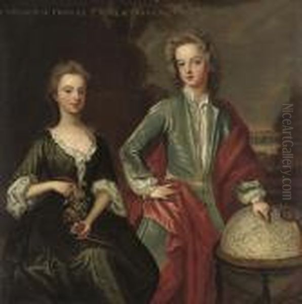 Double Portrait Of The Children 
Of Francis, 2nd Earl Of Godolphin (1678-1766), Three-quarter-length, She
 Seated, In A Green Dress, With A Garland Of Flowers, He Standing, With 
His Hand Resting On A Globe Pointing At England, A Landscape Beyond Oil Painting by Michael Dahl