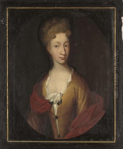 Portrait Of Margaret Catherine 
Rosenkrantz, Quarter-length, In A Yellow Dress With Lace Trim And A Red 
Wrap Oil Painting by Michael Dahl