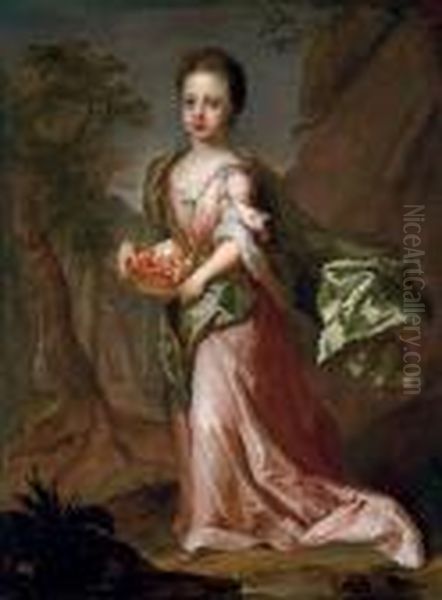 Portrait Of A Young Girl, 
Traditionally Identified As Eleonora Leijoncrona, Full-length, In A Pink
 Dress And Green Shawl, Holding A Basket Of Peaches And Cherries, An 
Extensive Landscape Beyond Oil Painting by Michael Dahl