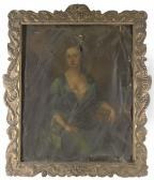 Portrait Of A Lady, Presumably 
Of The Mostyn Family, Three-quarter-length, In A Blue Dress, Resting Her
 Left Arm On A Table Oil Painting by Michael Dahl