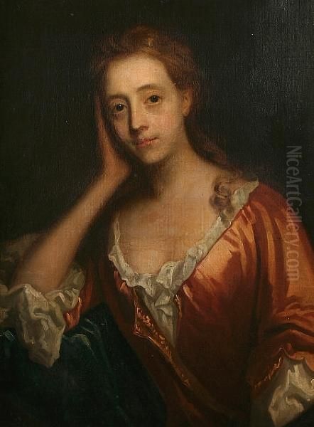 Portrait Of A Lady, Half Length,
 Believed To Be Lady Verney, Wearing A Russet Silk Dress And Leaning On 
Her Right Elbow Oil Painting by Michael Dahl