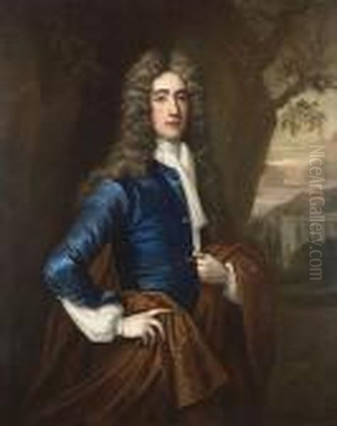 Portrait Of A Gentleman, 
Standing Three-quarter-length, In A Blue Coat And Gold Wrap, A Wooded 
Landscape And Country House Beyond Oil Painting by Michael Dahl